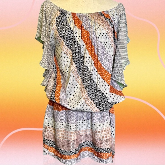Gypsy 05 Gray & Orange Multi Bandana Print Striped Boho Silk Mini Dress Size M - Picture 12 of 12